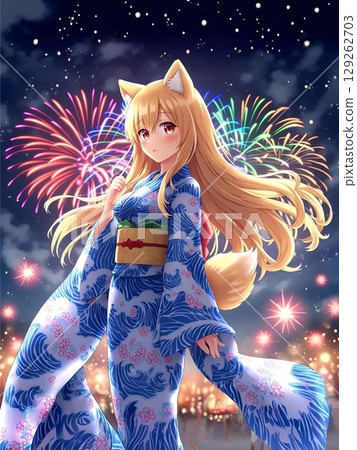 狐耳少女（藍色浴衣）仰望煙火 129262703
