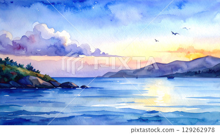 黃昏時分的大海水彩畫，積雨雲漂浮 129262978