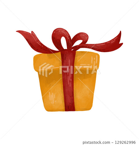 Gift box, festive watercolor illustration in yellow autumn colors. Design element for printing, children's prints, and decorations. Gift box, festive watercolor illustration in yellow autumn colors. Design element for printing, children's prints, and decorations. 129262996