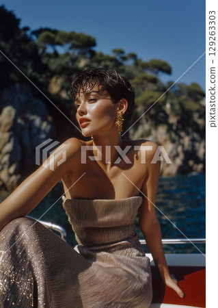A woman in a gold dress is sitting on a boat in the water 129263303