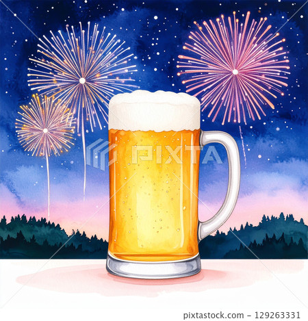 A mug of foamy draft beer under fireworks in watercolor style 129263331