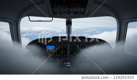 The cockpit shows an empty control area with instruments indicating an out-of-control aircraft. Clouds surround the plane, creating a sense of altitude and peril. 129263350