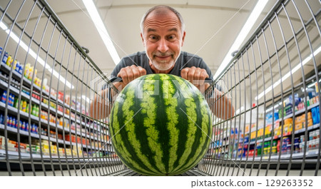 A customer grips a large watermelon in a shopping cart. The fish eye angle captures the mans focus as he tries to keep the watermelon steady in a bustling grocery store aisle. 129263352