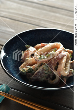 Squid with Spicy Pollack Roe and Mayonnaise 129263589