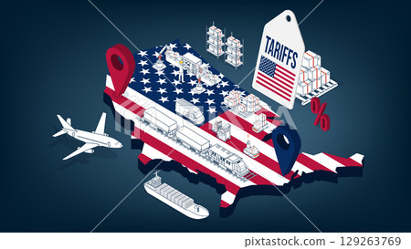 Rising US Import Tariffs affecting global logistics with planes, cargo ships, trucks, and trade routes representing economic conflict. Rising US Import Tariffs affecting global logistics with planes, cargo ships, trucks, and trade routes representing economic conflict. 129263769