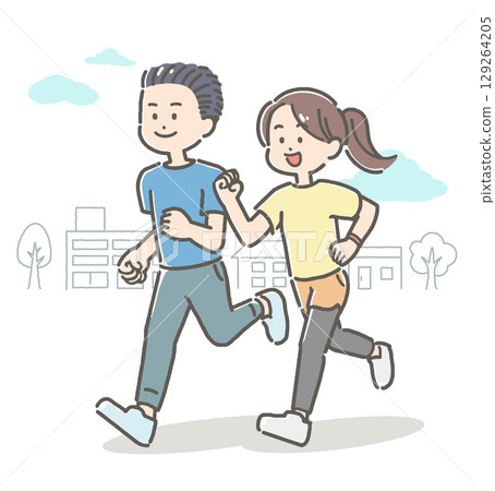 一對年輕夫婦在戶外慢跑的插圖 一對年輕夫婦在戶外慢跑的插圖 129264205