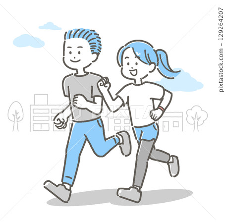 Illustration of a young couple jogging outdoors 129264207