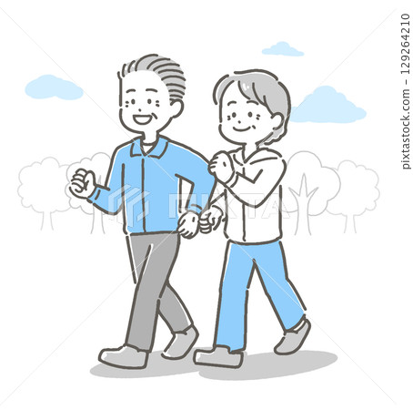 一對老年夫婦在戶外散步的插圖 129264210