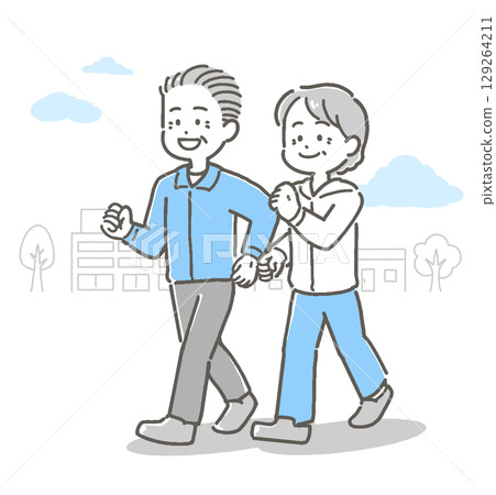 Illustration of a senior couple walking outdoors 129264211
