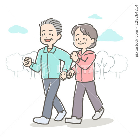 一對老年夫婦在戶外散步的插圖 129264214