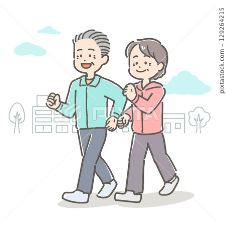 Illustration of a senior couple walking outdoors 129264215