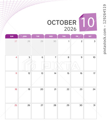 October 2026 Calendar. Week start on Sunday. Desk calendar 2026 design, simple and clean design, Wall calendar for print, digital calendar, Corporate design planner template vector. October 2026 Calendar. Week start on Sunday. Desk calendar 2026 design, simple and clean design, Wall calendar for print, digital calendar, Corporate design planner template vector. 129264519