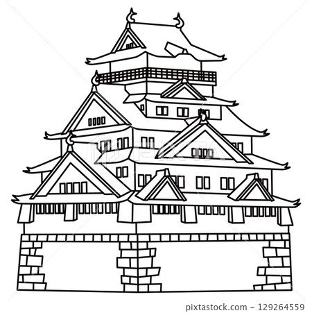 日本城堡大阪城堡插圖圖像單色線條畫 日本城堡大阪城堡插圖圖像單色線條畫 129264559