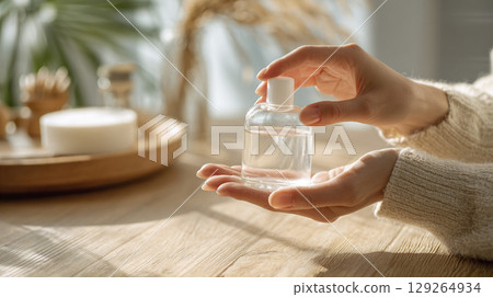 女子手掌中盛滿乳液的場景 129264934