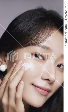 年輕女子在皮膚上應用霜 129264938