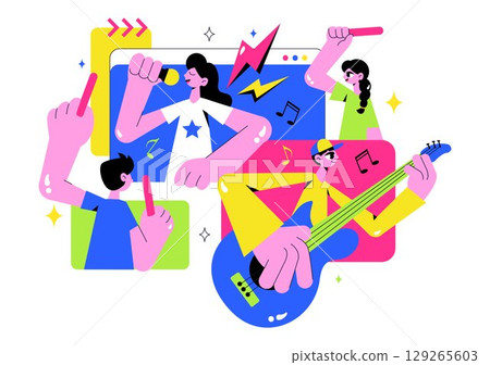 Virtual Concert Illustration Featuring a Metaverse Concept with People Watching a Musical Concerts, Interacting, and Exploring in a Virtual World 129265603