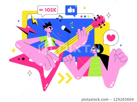 Virtual Concert Illustration Featuring a Metaverse Concept with People Watching a Musical Concerts, Interacting, and Exploring in a Virtual World 129265604