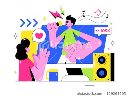 Virtual Concert Illustration Featuring a Metaverse Concept with People Watching a Musical Concerts, Interacting, and Exploring in a Virtual World Virtual Concert Illustration Featuring a Metaverse Concept with People Watching a Musical Concerts, Interacting, and Exploring in a Virtual World 129265605