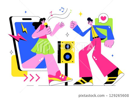 Virtual Concert Illustration Featuring a Metaverse Concept with People Watching a Musical Concerts, Interacting, and Exploring in a Virtual World Virtual Concert Illustration Featuring a Metaverse Concept with People Watching a Musical Concerts, Interacting, and Exploring in a Virtual World 129265608