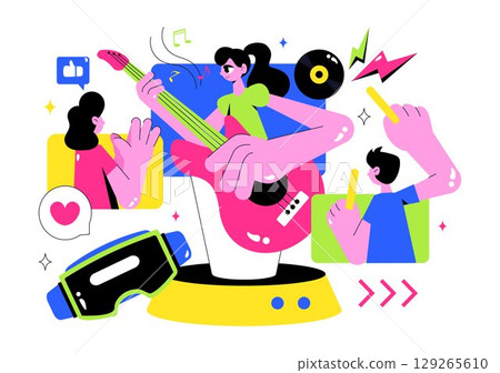 Virtual Concert Illustration Featuring a Metaverse Concept with People Watching a Musical Concerts, Interacting, and Exploring in a Virtual World 129265610