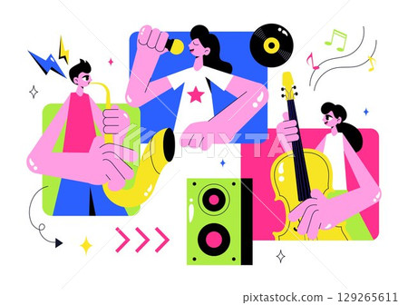 Virtual Concert Illustration Featuring a Metaverse Concept with People Watching a Musical Concerts, Interacting, and Exploring in a Virtual World 129265611