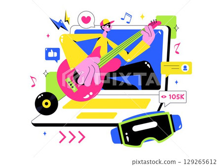 Virtual Concert Illustration Featuring a Metaverse Concept with People Watching a Musical Concerts, Interacting, and Exploring in a Virtual World Virtual Concert Illustration Featuring a Metaverse Concept with People Watching a Musical Concerts, Interacting, and Exploring in a Virtual World 129265612