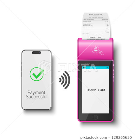 Vector 3D Realistic NFC Payment Terminal and Smartphone Closeup. Approved Payment, Successful Transaction. Payment Machine Design Template, Bank Payment Contactless Terminal Vector 3D Realistic NFC Payment Terminal and Smartphone Closeup. Approved Payment, Successful Transaction. Payment Machine Design Template, Bank Payment Contactless Terminal 129265630