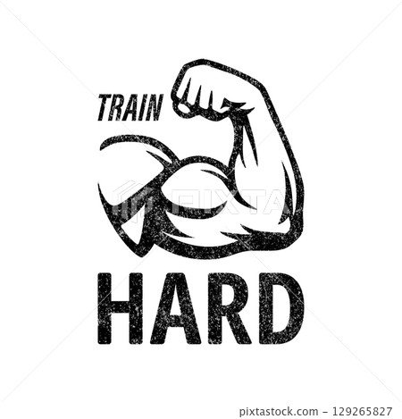 Train Hard. Fitness Gym Logo with Muscular Arm Illustration. Isolated Bodybuilding Icon for Gym Poster, Workout Motivation Sign, Training Apparel Print, Sport Club Emblem. Vector Illustration 129265827