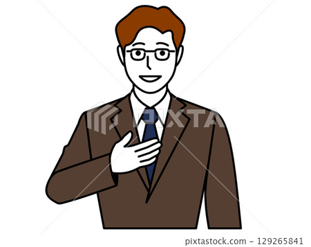 A man wearing glasses and a brown suit with his hand on his chest saying "Leave it to me" 129265841