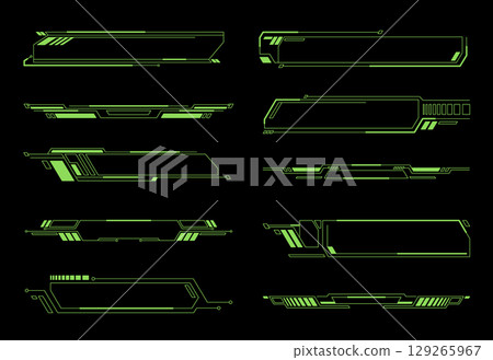 Collection of futuristic high tech design frames and banners green line art creates cyberpunk for digital interfaces heads up displays HUD gaming elements technology themed motion graphics 129265967