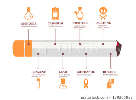 infographic illustrating the harmful chemical components found in cigarettes such as acetone ammonia benzene and nicotine educational image is perfect for public health campaigns anti smoking 129265982