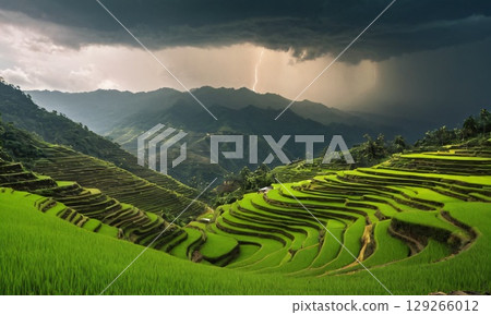 陽光傾瀉在梯田上 129266012