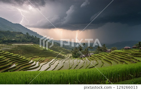 Rays of light falling on rice terraces 129266013