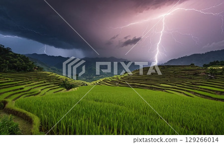 Rice terraces illuminated by lightning 129266014