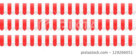Striped shop tent repeated design set. Store window awning pattern collection. Cafe or restaurant roof canopy pack. Red and cream stall market place cover. Repeating stripe sunshade design. Vector 129266051