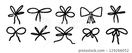 Crayon hand drawn bow collection.Textured brush stroke scribbled elements pack for gift, package, present decoration. Black doodled ribbon bows set. Sketched chalk pastel tied knots bundle. Vector 129266052