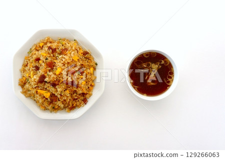 A set of fried rice and Chinese soup on a white background viewed from directly above 129266063