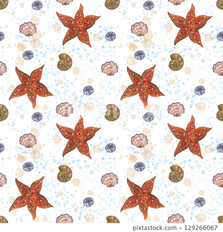 Hand drawn watercolor illustration. Seamless sea pattern. Interior decor, textiles, paper. sea, starfish, mollusk, shell, sea urchin, Hand drawn watercolor illustration. Seamless sea pattern. Interior decor, textiles, paper. sea, starfish, mollusk, shell, sea urchin, 129266067