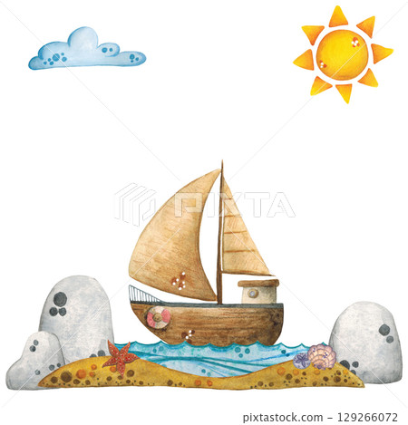 Marine composition of a yacht, beach, sea and stones. Watercolor landscape, cartoon. Hand drawn illustration. Drawing for cards, invitations. Sea, marine, sand, beach, summer, stones 129266072