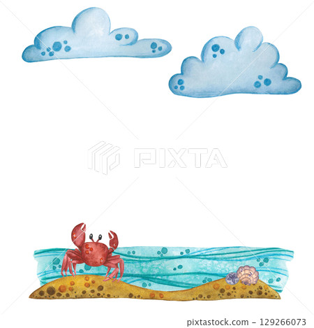 Seascape, crab on a sandy beach with a shell near the sea. Watercolor illustration hand drawn, cartoon. Drawing for cards, invitations, photo frames, scrapbooking. Sea, animals, beach, rest, summer 129266073