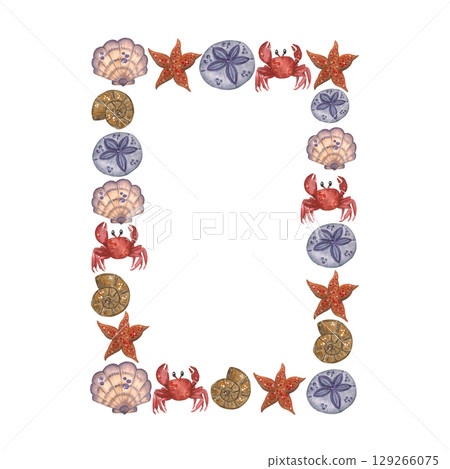Decorative rectangular frame consisting of watercolor illustrations on the theme of the sea. Starfish, sea urchin, crab, shells 129266075