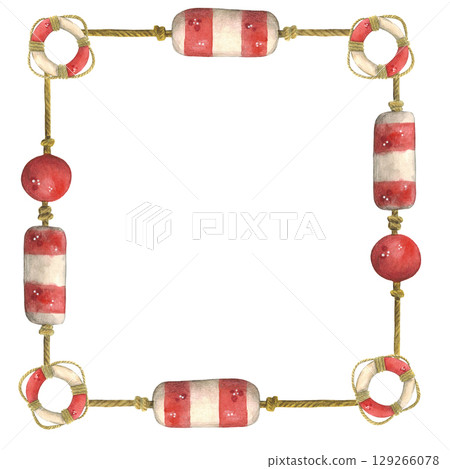 Decorative square frame consisting of watercolor illustrations on the theme of the sea. Rope, float, knot Decorative square frame consisting of watercolor illustrations on the theme of the sea. Rope, float, knot 129266078