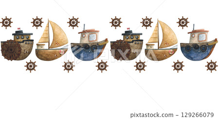 Decorative rectangular seamless pattern consisting of watercolor illustrations on the theme of the sea. Ship, yacht, steering wheel 129266079