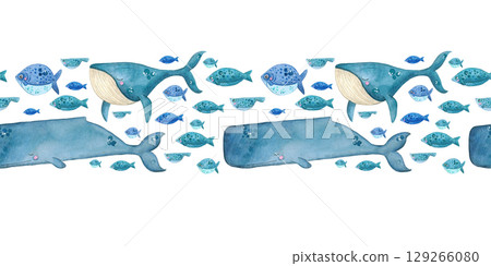Decorative rectangular seamless pattern consisting of watercolor illustrations on the theme of the sea. Whale, sperm whale, fish 129266080
