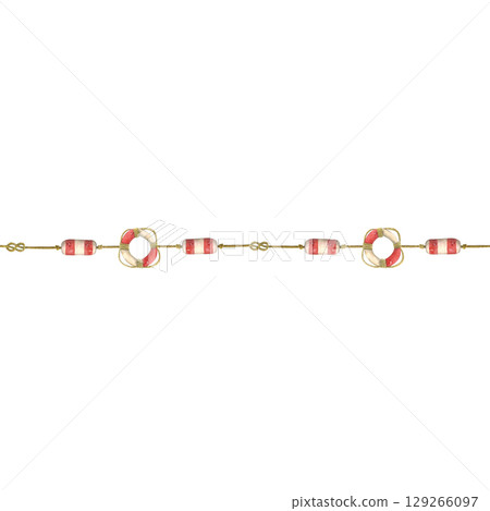 Hand drawn watercolor illustration. Seamless border made of marine gear, buoys, knots, rope, lifebuoy. Sea, marine, travel, rope, buoy, circle, lifebuoy, knot, knots, boat, ship, yacht, sea travel Hand drawn watercolor illustration. Seamless border made of marine gear, buoys, knots, rope, lifebuoy. Sea, marine, travel, rope, buoy, circle, lifebuoy, knot, knots, boat, ship, yacht, sea travel 129266097