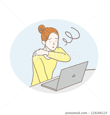 Illustration of a woman suffering from stiff shoulders while using a computer 129266125