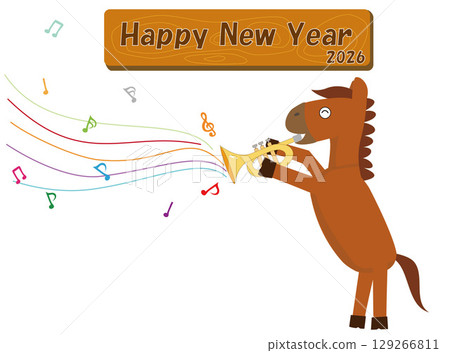 2026 年新年賀卡插圖。一匹馬正在演奏樂器來慶祝新年。 2026 年新年賀卡插圖。一匹馬正在演奏樂器來慶祝新年。 129266811