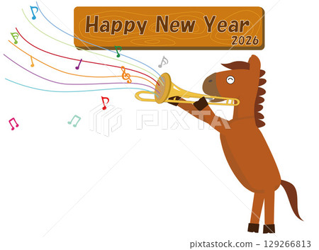 Illustration of a New Year's card for 2026. A horse is playing a musical instrument to celebrate the New Year. Illustration of a New Year's card for 2026. A horse is playing a musical instrument to celebrate the New Year. 129266813