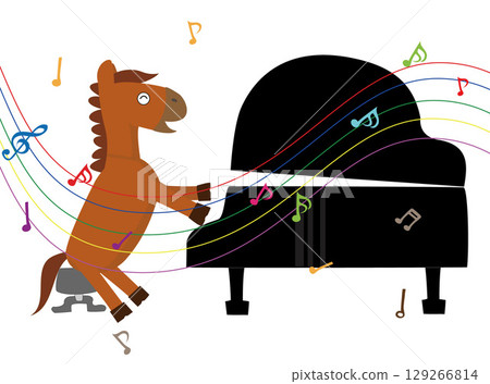 Illustration of a New Year's card for 2026. A horse is playing a musical instrument to celebrate the New Year. 129266814