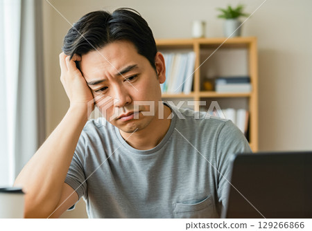一名男子努力思考他的筆記型電腦 129266866